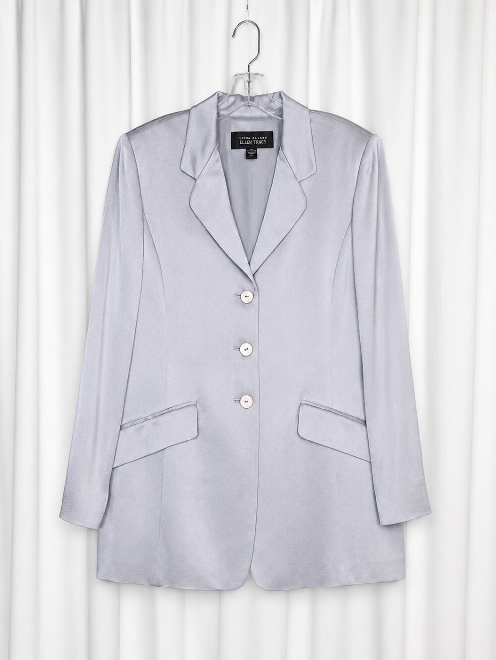 Vintage Linda Allard Ellen Tracy Icy Lavender Dove Gray Satin Longline Blazer